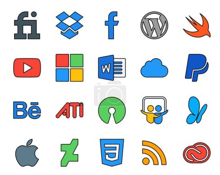 Ilustración de 20 Paquete de iconos de redes sociales incluyendo manzana. slideshare. microsoft. código abierto. behance - Imagen libre de derechos