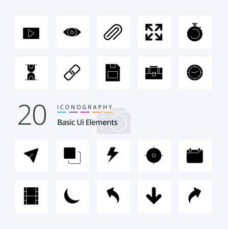 Téléchargez les illustrations : 20 Basic Ui Elements Solid Glyph icon Pack comme date calender power aim target - en licence libre de droit