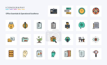 Téléchargez les illustrations : Pack d'icônes de style rempli de 25 éléments essentiels de bureau et ligne d'excellence opérationnelle - en licence libre de droit