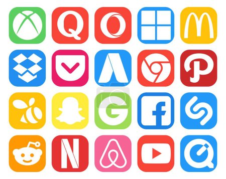 Ilustración de 20 Paquete de iconos de redes sociales que incluye netflix. shazam. adwords. facebook. snapchat - Imagen libre de derechos
