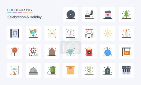 Téléchargez les illustrations : 25 Célébration Holiday Pack icône plat couleur - en licence libre de droit