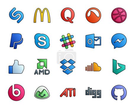 Ilustración de 20 Paquete de iconos de redes sociales Incluyendo sonido. dropbox. charla. amd. mensajero - Imagen libre de derechos