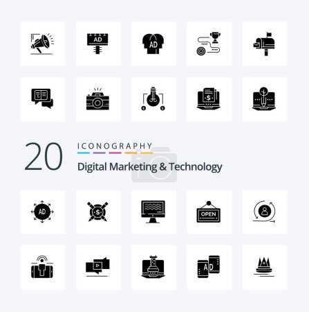 Téléchargez les illustrations : 20 Digital Marketing And Technology Solid Glyph icon Pack comme visiteur hôtel live board ouvert - en licence libre de droit