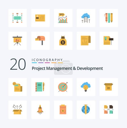 Illustration for 20 Project Management And Development Flat Color icon Pack like bulb idea notebook focus dart - Royalty Free Image