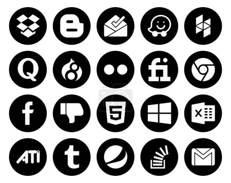 Téléchargez les illustrations : 20 Pack d'icônes pour médias sociaux incluant tumblr. Excellente. flickr. fenêtres. n'aiment pas - en licence libre de droit