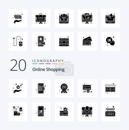 Illustration for 20 OnSolid Glyph Shopping Solid Glyph icon Pack like cash plus discount credit add - Royalty Free Image