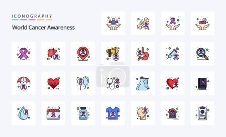 Téléchargez les illustrations : Pack icône 25 World Cancer Awareness Line rempli de style - en licence libre de droit