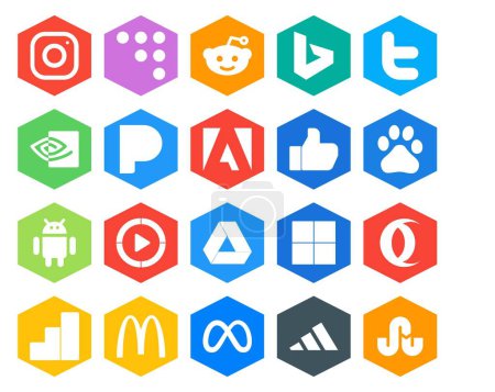 Illustration for 20 Social Media Icon Pack Including google analytics. delicious. adobe. google drive. windows media player - Royalty Free Image