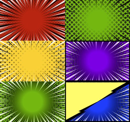 Illustration for Comic book colorful frames background with halftone rays radial and dotted effects pop art style - Royalty Free Image