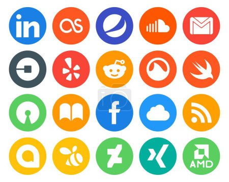 Illustration for 20 Social Media Icon Pack Including ibooks. swift. mail. grooveshark. yelp - Royalty Free Image