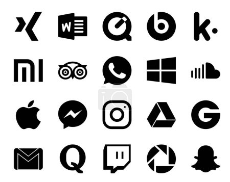 Téléchargez les illustrations : 20 Pack d'icônes pour les médias sociaux Y compris groupon. instagram. whatsapp. messager. musique - en licence libre de droit