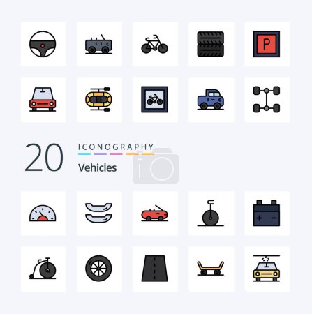Téléchargez les illustrations : Pack d'icône de couleur remplie de ligne de véhicules 20 comme batterie de fourgon de voiture de vélo de transport - en licence libre de droit