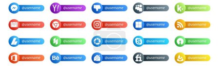 Illustration for 20 Social Media Follow Button. Username and place for text like skype. houzz. mail. ads. rss - Royalty Free Image