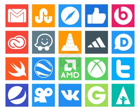 Illustration for 20 Social Media Icon Pack Including swift. adidas. creative cloud. player. vlc - Royalty Free Image