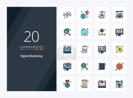 Téléchargez les illustrations : 20 Ligne de marketing numérique Icône remplie pour présentation - en licence libre de droit