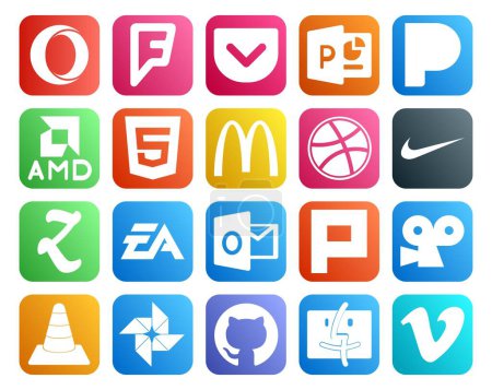Illustration for 20 Social Media Icon Pack Including vlc. plurk. dribbble. outlook. ea - Royalty Free Image