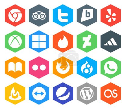 Téléchargez les illustrations : 20 Pack d'icônes pour les médias sociaux, y compris WhatsApp. navigateur. microsoft. firefox. ibooks - en licence libre de droit