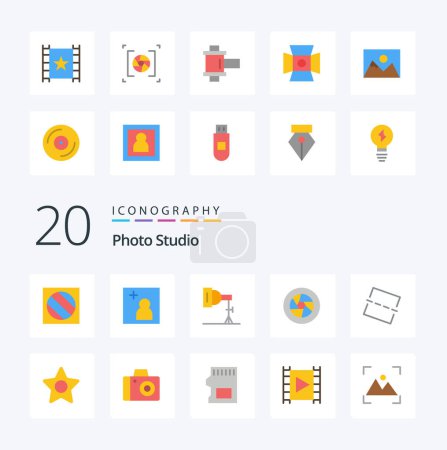 Illustration for 20 Photo Studio Flat Color icon Pack like reel film player photography aperture - Royalty Free Image