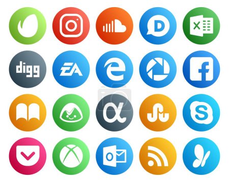Ilustración de 20 Paquete de iconos de redes sociales incluyendo tropiezo. Campamento base. artes electrónicas. ibooks. picasa - Imagen libre de derechos