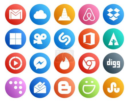 Ilustración de 20 Paquete de iconos de redes sociales incluyendo yesca. Vídeo. dropbox. windows media player. oficina - Imagen libre de derechos
