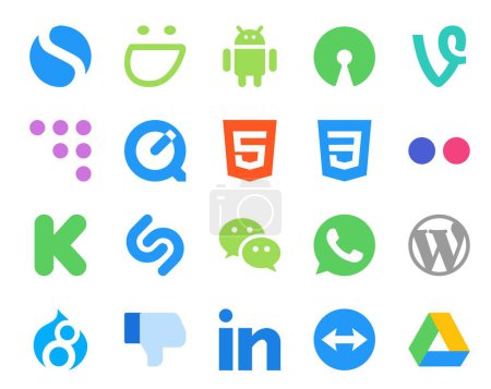 Illustration for 20 Social Media Icon Pack Including drupal. wordpress. css. whatsapp. wechat - Royalty Free Image