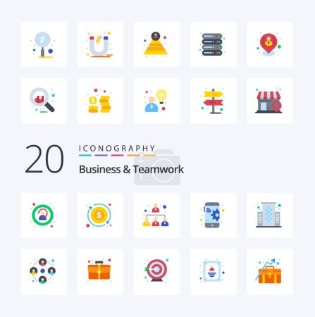 Illustration for 20 Business And Teamwork Flat Color icon Pack like users people leader center building - Royalty Free Image
