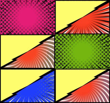 Téléchargez les illustrations : BD cadres colorés fond de bande dessinée avec des rayons demi-tons radial et pointillés effets style pop art - en licence libre de droit
