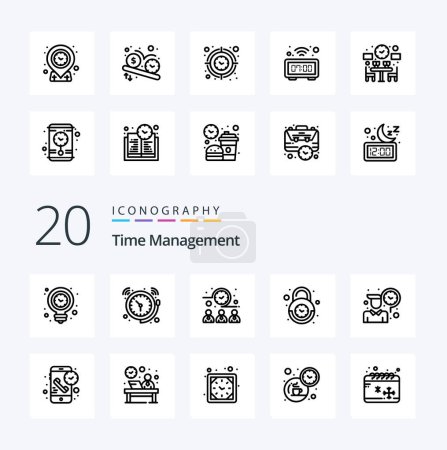 Illustration for 20 Time Management Line icon Pack like secure clock time alarm time - Royalty Free Image
