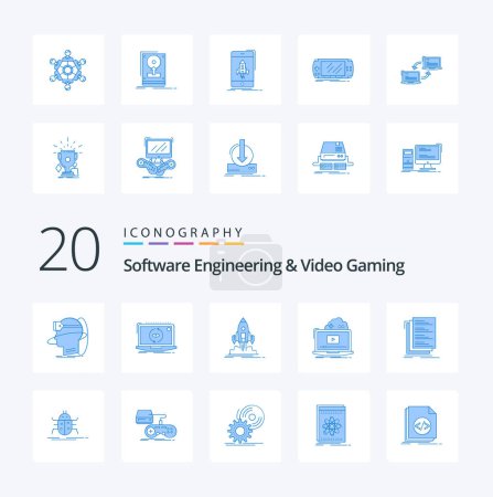 Ilustración de 20 Ingeniería de software y video juego icono de color azul Pack como juego publicar nueva misión de inicio - Imagen libre de derechos
