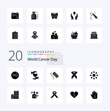 Téléchargez les illustrations : 20 Journée mondiale du cancer Icône de glyphe solide Pack comme médicament comprimé donner monde jour - en licence libre de droit