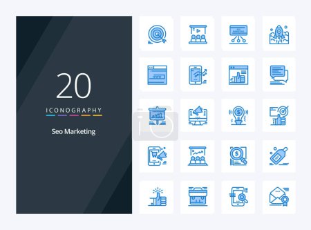 Téléchargez les illustrations : 20 Seo Marketing Icône de couleur bleue pour la présentation - en licence libre de droit