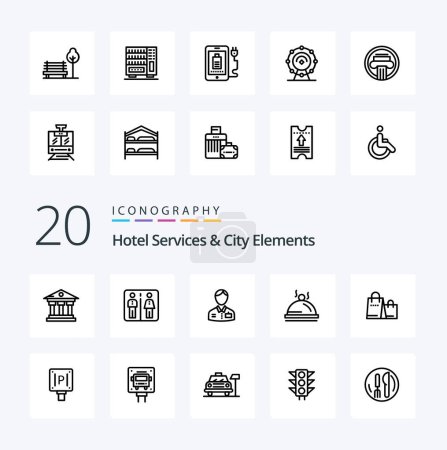 Téléchargez les illustrations : 20 Services hôteliers et City Elements Line icon Pack comme sac pallater bellboy dish service - en licence libre de droit