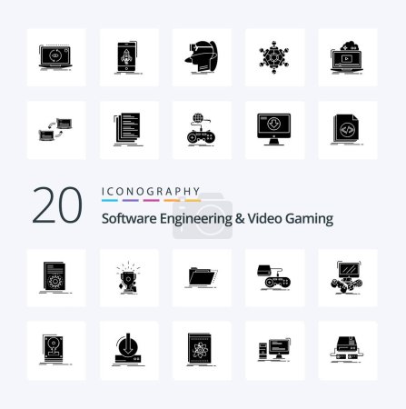 Ilustración de 20 Ingeniería de software y videojuegos icono de glifos sólidos Paquete como directorio de carpetas de trofeos de consola de juegos - Imagen libre de derechos