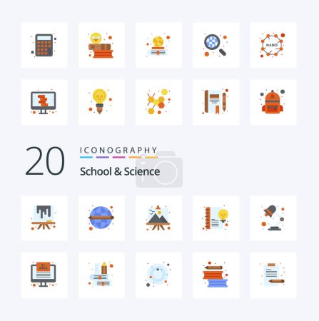 Illustration for 20 School And Science Flat Color icon Pack like light writing board idea content - Royalty Free Image
