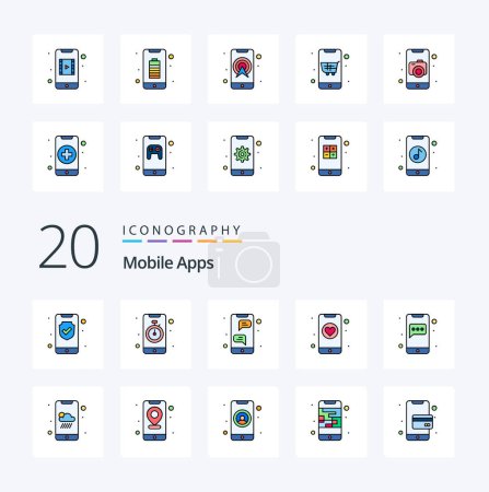 Ilustración de 20 Línea de aplicaciones móviles llenado icono de color Pack como aplicación reloj de teléfono citas mensajería instantánea - Imagen libre de derechos