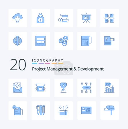 Ilustración de 20 Gestión y desarrollo de proyectos Icono de color azul Paquete como recompensa de planificación de flujo de trabajo de lanzamiento de negocio - Imagen libre de derechos