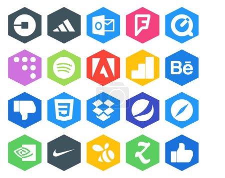 Illustration for 20 Social Media Icon Pack Including browser. pepsi. spotify. dropbox. dislike - Royalty Free Image