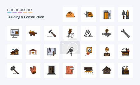 Téléchargez les illustrations : 25 Bâtiment Et Ligne De Construction Rempli Style icône pack - en licence libre de droit