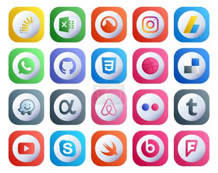 Ilustración de 20 Paquete de iconos de redes sociales Incluyendo flickr. red de aplicación. anuncios. waze. dribbble - Imagen libre de derechos