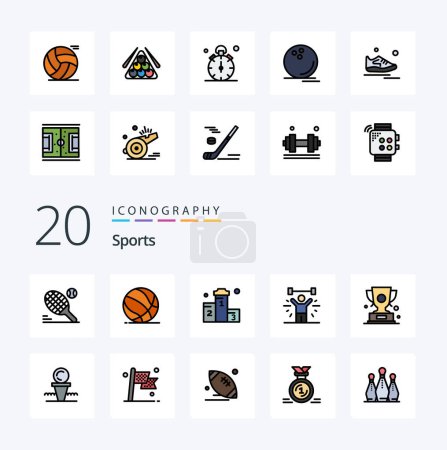Illustration for 20 Sports Line Filled Color icon Pack. like weight. exercise. basket ball. bodybuilding. won - Royalty Free Image