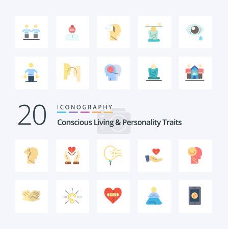 Illustration for 20 Concious Living And Personality Traits Flat Color icon Pack. like giving. charity. heart. stress. blow - Royalty Free Image