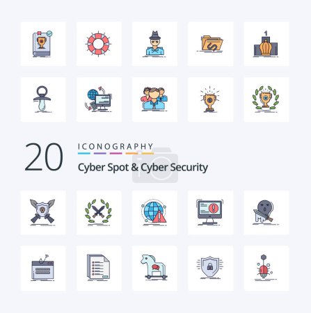 Téléchargez les illustrations : 20 Cyber Spot et Cyber Security Line rempli couleur icône Pack comme jeu mort étiquette attaque de virus - en licence libre de droit