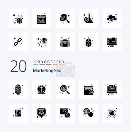 Téléchargez les illustrations : 20 Marketing Seo Solid Glyph icon Pack comme catalogue site web paramètres SEO cible - en licence libre de droit