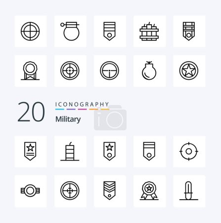 Illustration for 20 Military Line icon Pack like army military circled crosshair star - Royalty Free Image