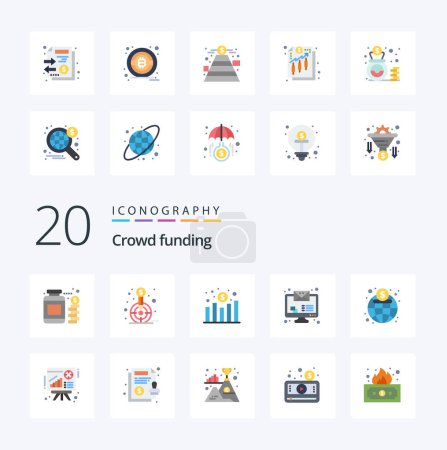 Ilustración de 20 Crowdfunding Flat Color icono Paquete como global monitor de correo electrónico objetivo de ingresos de mensajes - Imagen libre de derechos