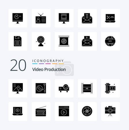 Illustration for 20 Video Production Solid Glyph icon Pack like hd in filmmaking digital video broadcasting audio video projector projector - Royalty Free Image