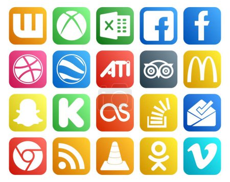 Ilustración de 20 Paquete de iconos de redes sociales Incluyendo bandeja de entrada. acciones. Viajar. pregunta. lastfm - Imagen libre de derechos