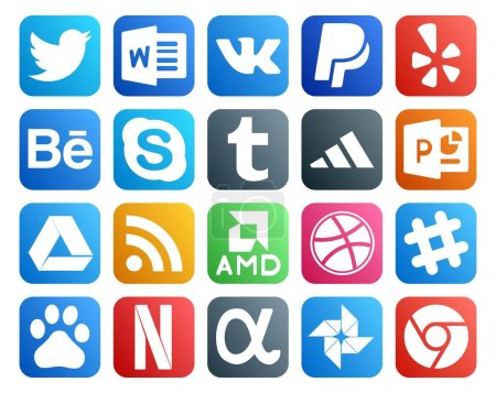 Illustration for 20 Social Media Icon Pack Including chat. dribbble. chat. amd. google drive - Royalty Free Image