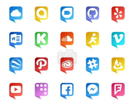 Téléchargez les illustrations : 20 Social Media Discours logo de style bulle comme adobe. nuage créatif. son. chemin. vidéo - en licence libre de droit