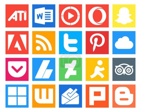 Ilustración de 20 Paquete de iconos de redes sociales Incluyendo tripadvisor. deviantart. twitter. anuncios. bolsillo - Imagen libre de derechos